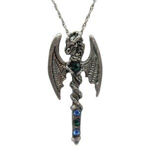 FELLOWSHIP FOUNDRY Blue Crystal Dragon Axe Pendant Pewter Necklace Goth Mythical